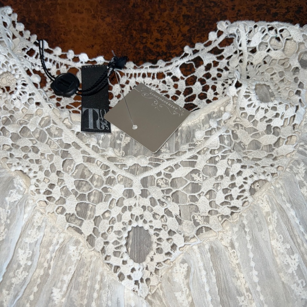 Anthropologie TT Collection Elegant Off White Top NWT,crochet V neck,see through